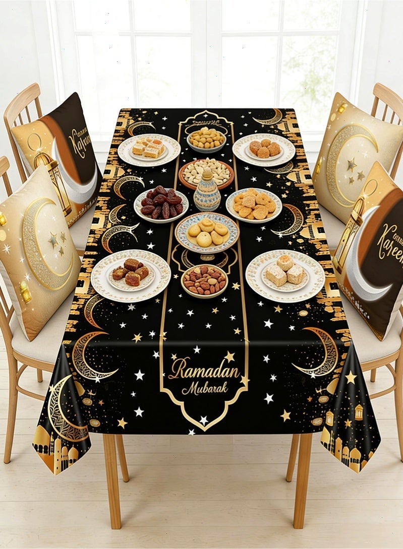 توبيتش زينة رمضان، غطاء وسادة رمضان، زينة طاولة رمضان مع مفرش طاولة رمضان مقاس 140 * 180 سم و 4 قطع أغطية وسائد زخرفية للمنزل - Image 5